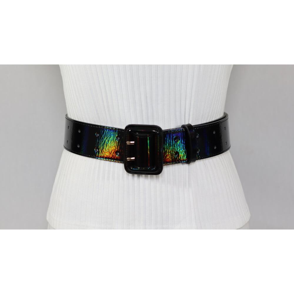 💎Womens Wide Belt Small Med Black Patent Leather Double Punch Holes Throughout